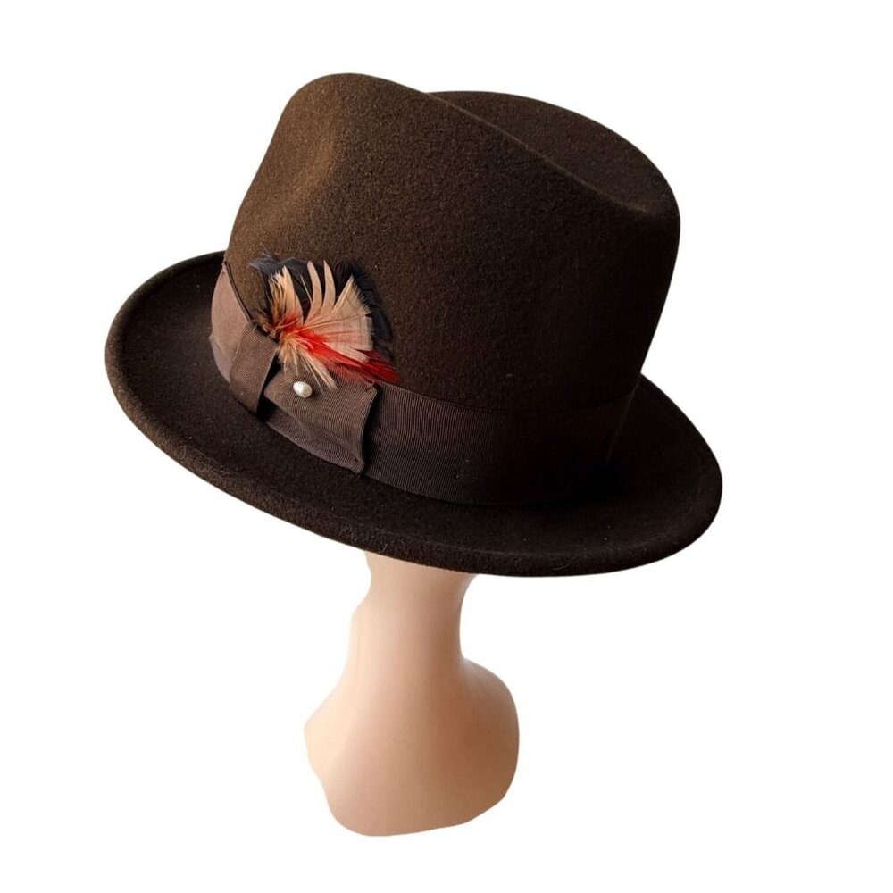 Vintage Men’s‎ Brown LiteFelt Fedora by Capas Design Tan & Red Feather Accent